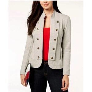 Tommy Hilfiger Womens Grey Heather Military  Blazer Jacket Brass Buttons M